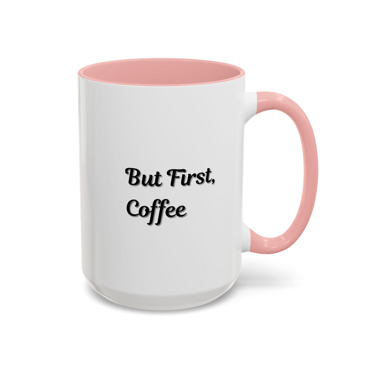Black handle and rim coffee mug with "But First Coffee" print, 11oz size, by Printify, shown with a cozy coffee setting.