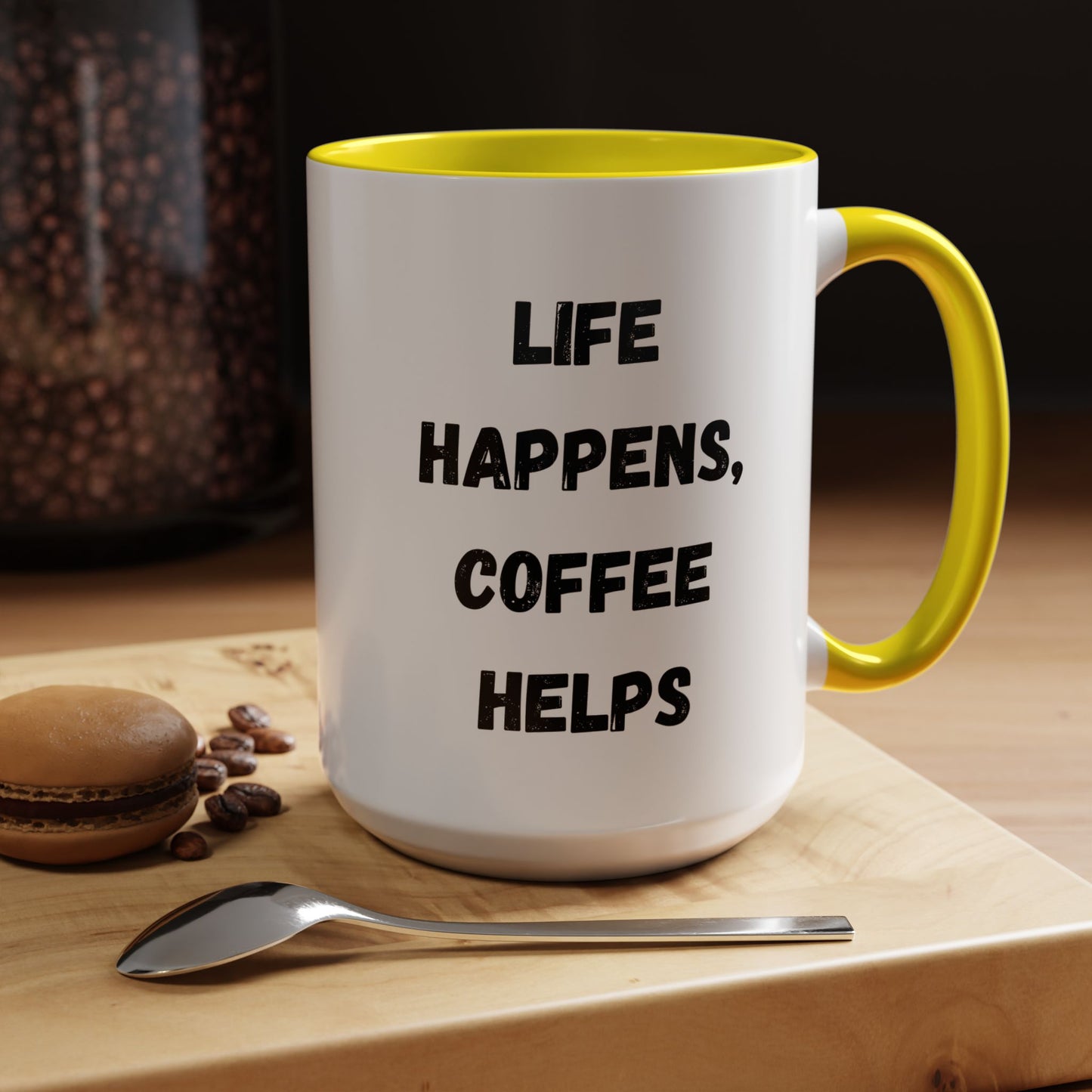 Life Happens Coffee Mug - Inspirational Coffee Cup, Gift for Coffee Lovers, Motivational Mug, Black Accent Mug, Coffee Humor