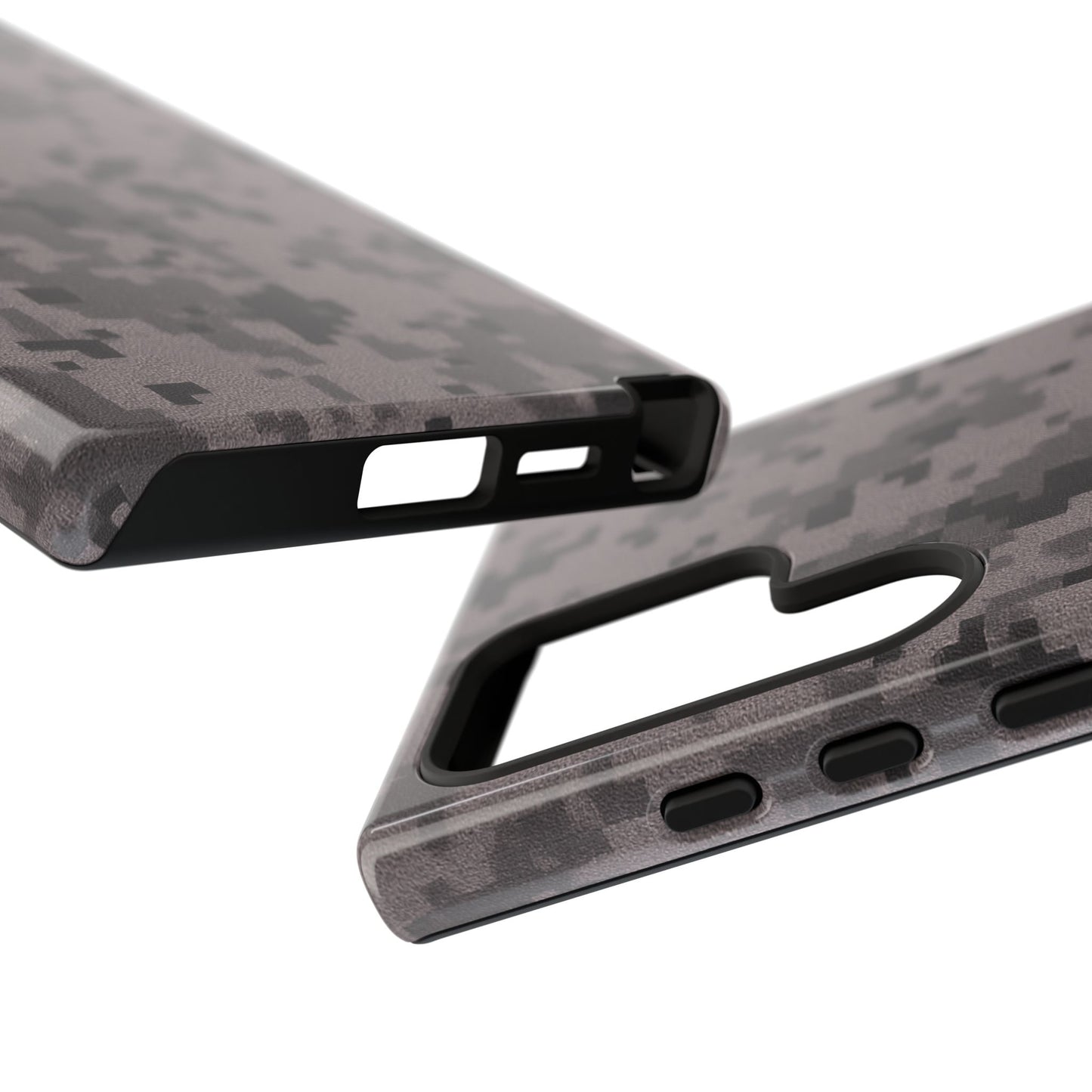 Gray digital camouflage phone case by Printify, tough protective cover fitting smartphones with a rugged camo design.