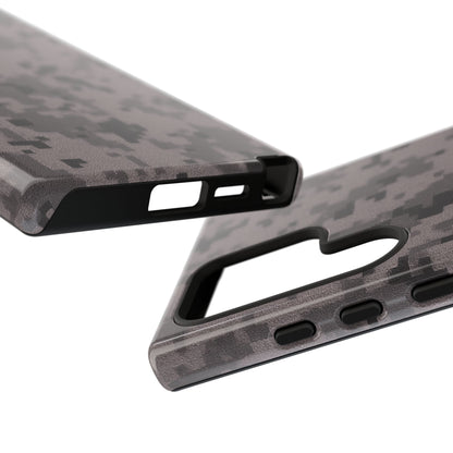 Gray digital camouflage phone case by Printify, tough protective cover fitting smartphones with a rugged camo design.