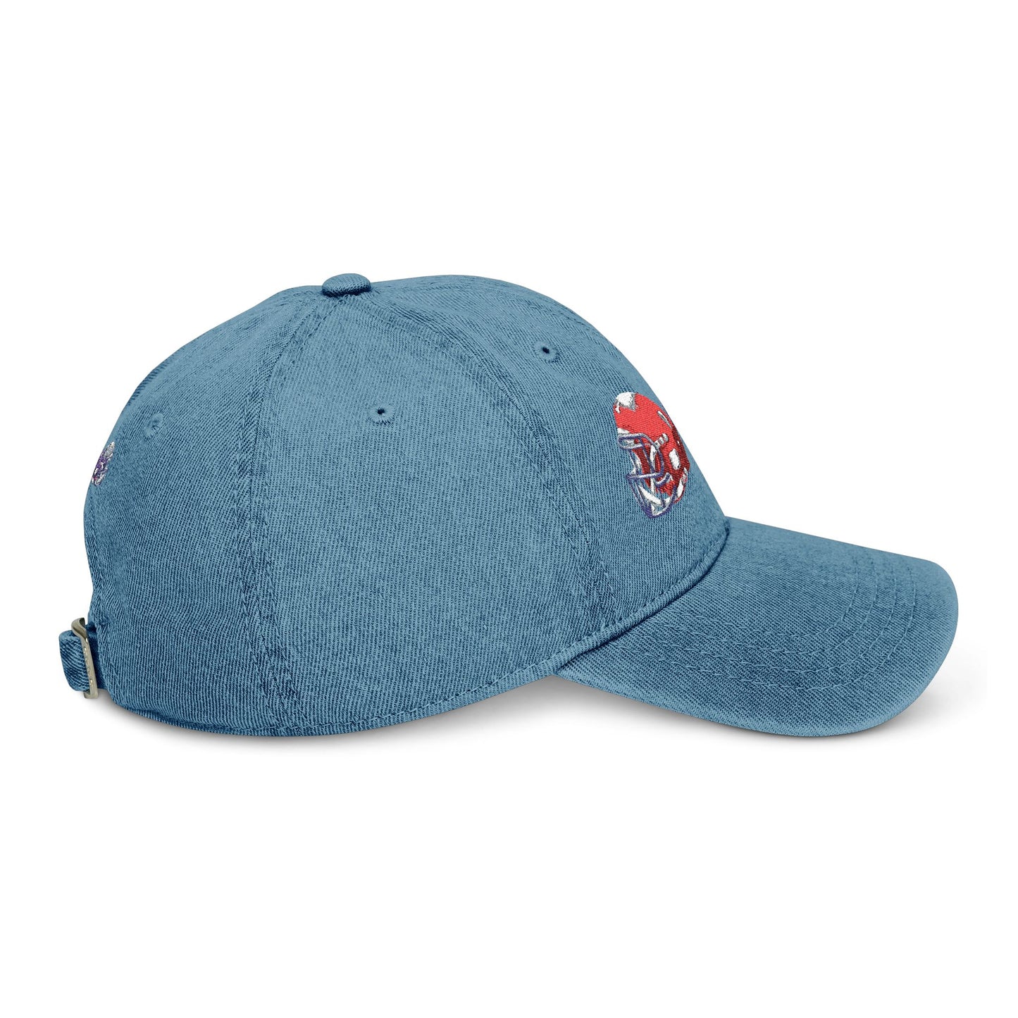 Red and blue embroidered football helmet denim hat with team cap design from Printify, casual sports-inspired headwear.