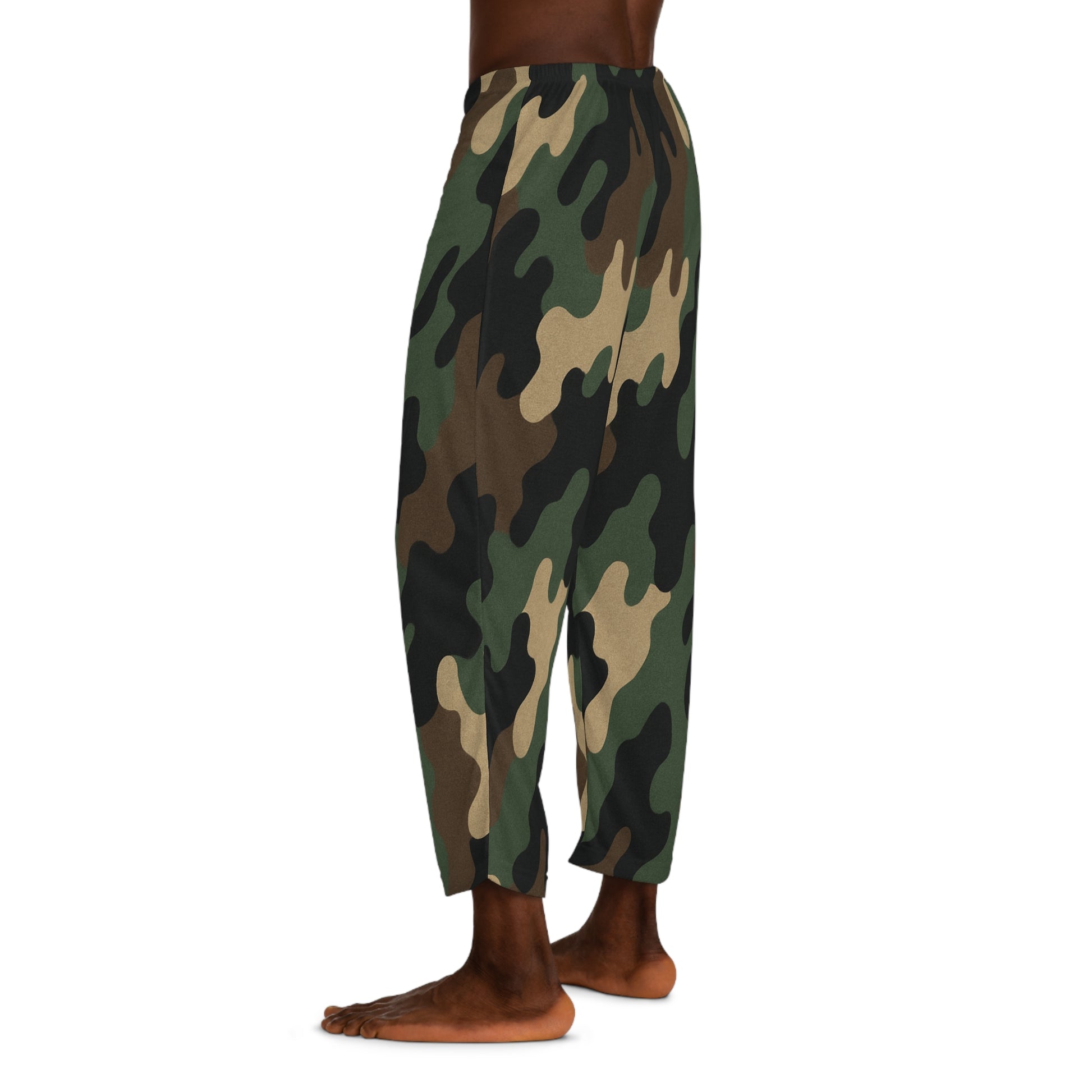 Men's camo lounge pajama pants with all-over print, comfortable sleepwear from Printify, featuring a stylish camouflage design.