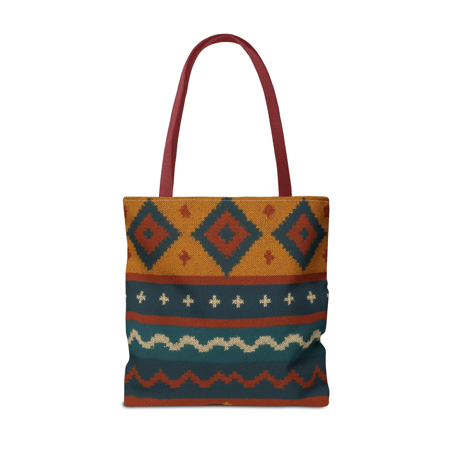 Southwestern diamond pattern tote bag with Aztec tribal geometric print, featuring sturdy handles and vibrant design.