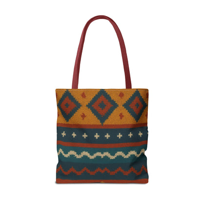 Southwestern diamond pattern tote bag with Aztec tribal geometric print, featuring sturdy handles and vibrant design.