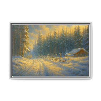 Framed winter cabin canvas print featuring a snowy forest sunset, wall art by Printify with vibrant mountain and snow scene.