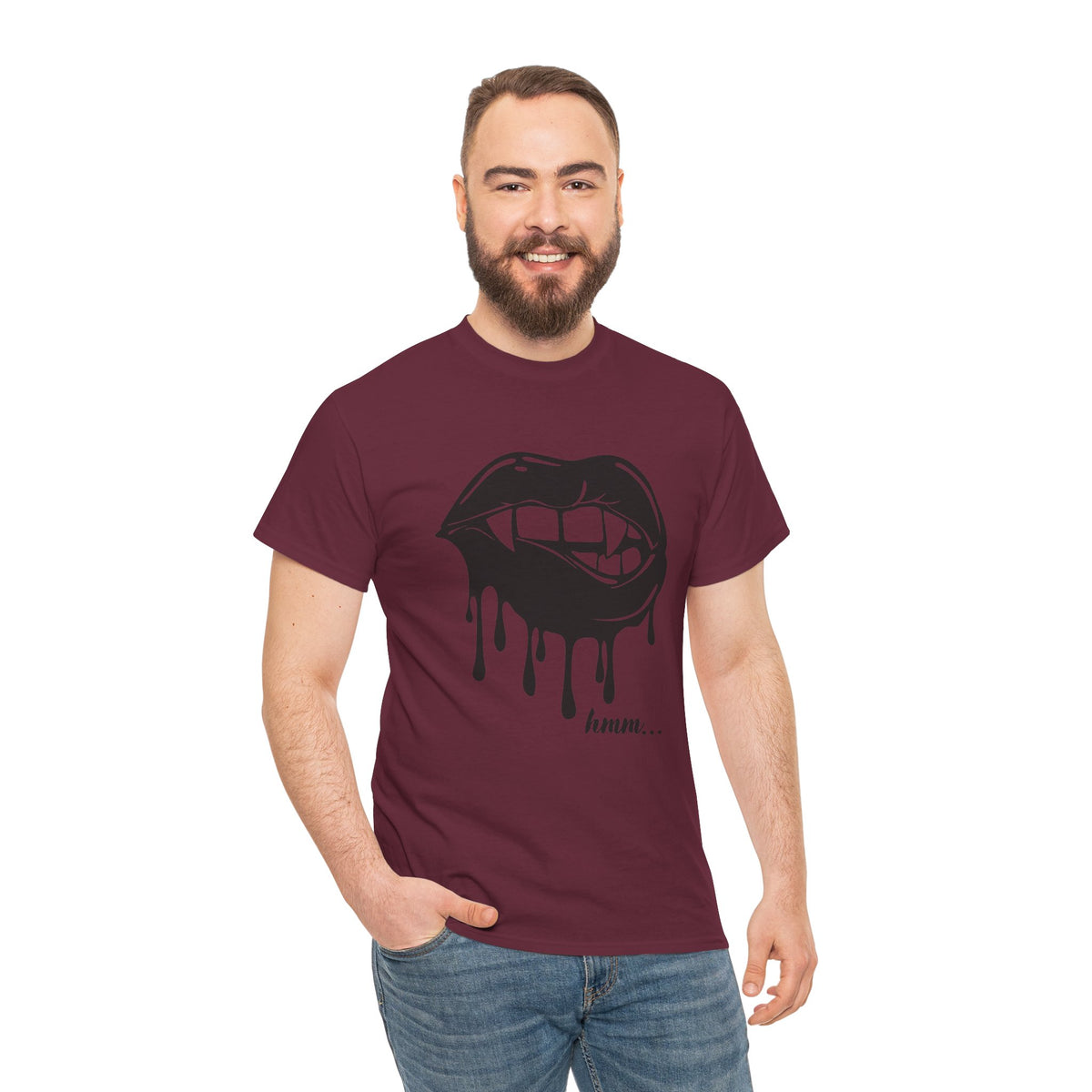 Black graphic T-shirt by Printify featuring dripping lips and "hmm..." bite design on the front.