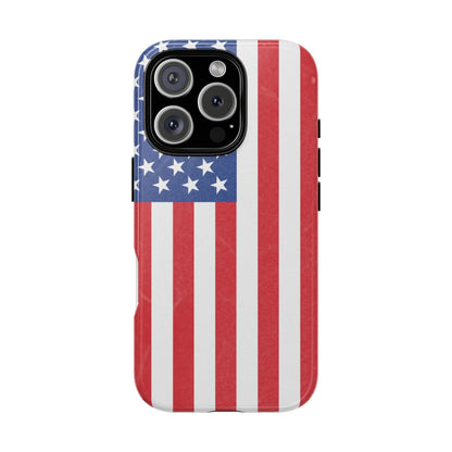 American flag tough phone case for iPhone and Samsung, patriotic protective cover with durable design by Printify.