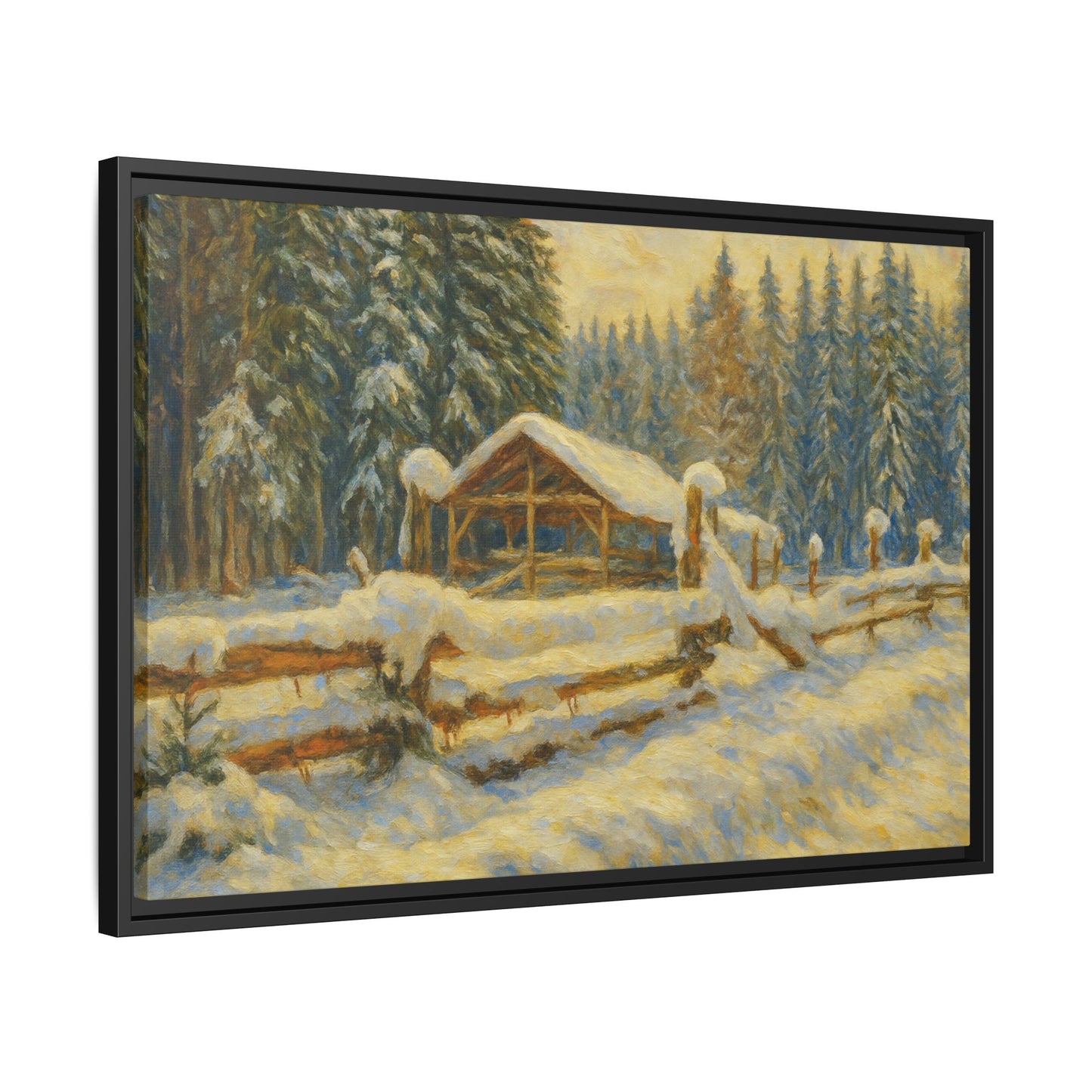 Snowy cabin winter landscape wall art on matte canvas, framed print featuring a cozy snow-covered cabin scene.