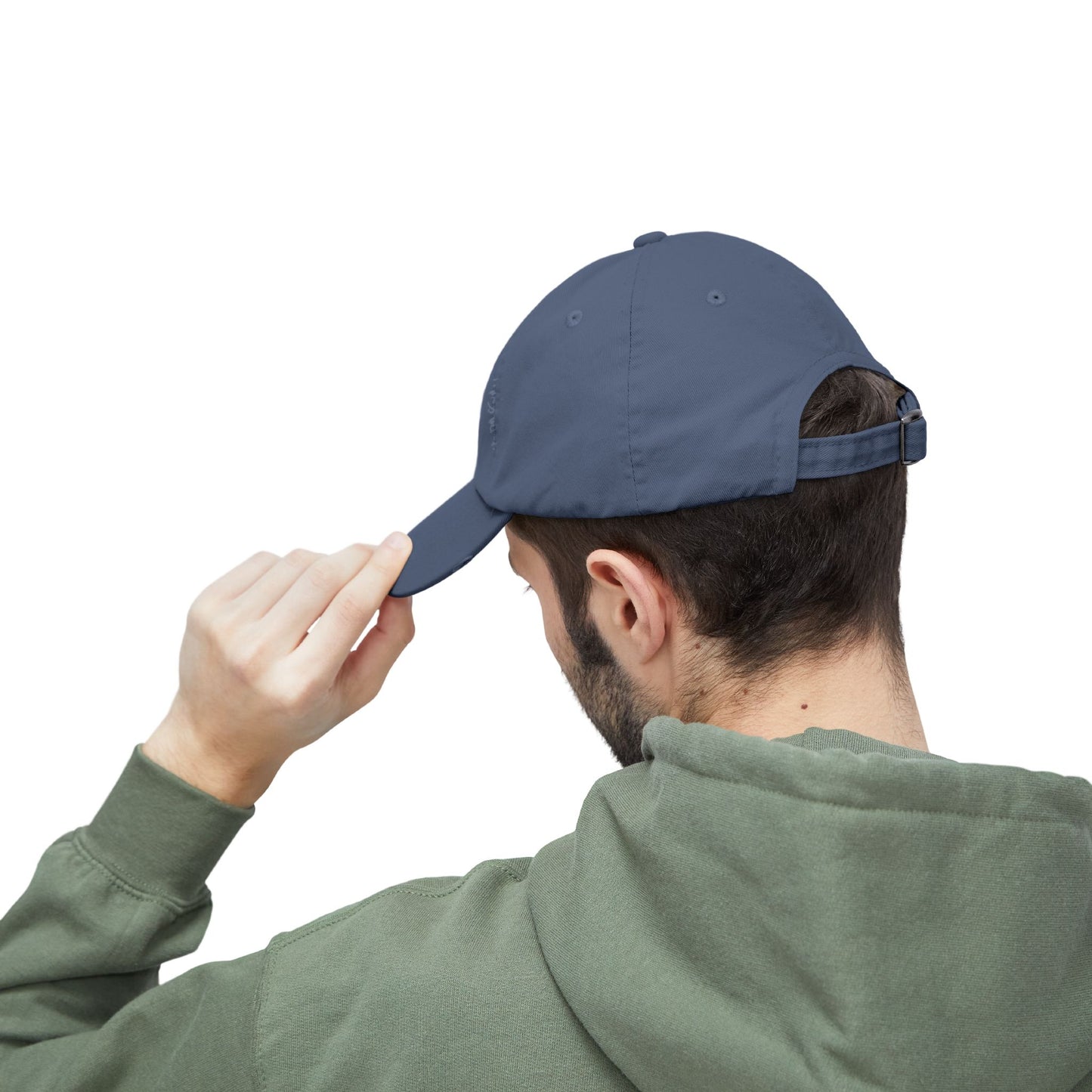 Distressed baseball cap with silhouette batter design, casual hat by Printify featuring a worn, vintage style.