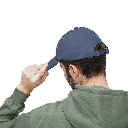 Distressed baseball cap with silhouette batter design, casual hat by Printify featuring a worn, vintage style.