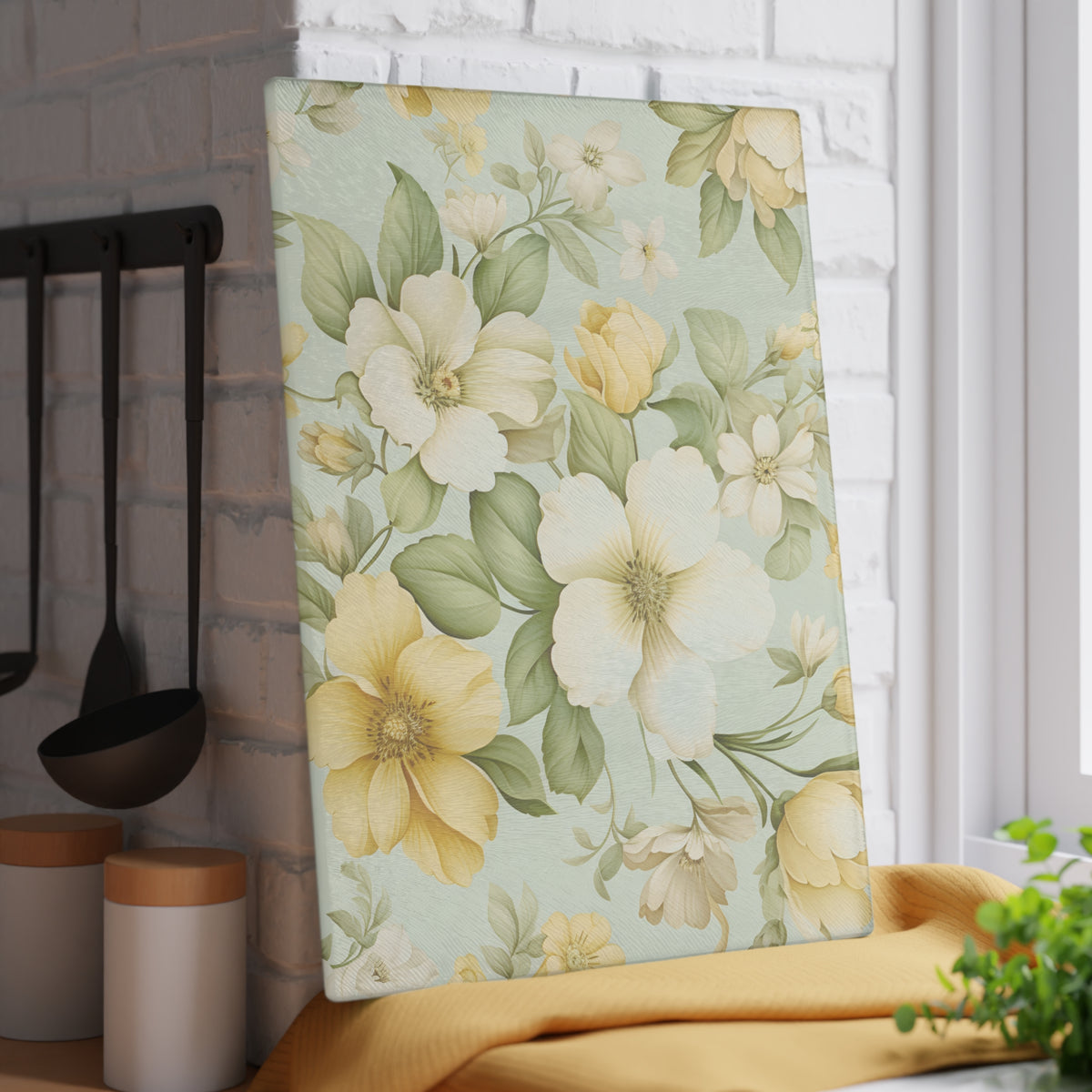 Floral Glass Cutting Board — Vintage Yellow Dogwood Design