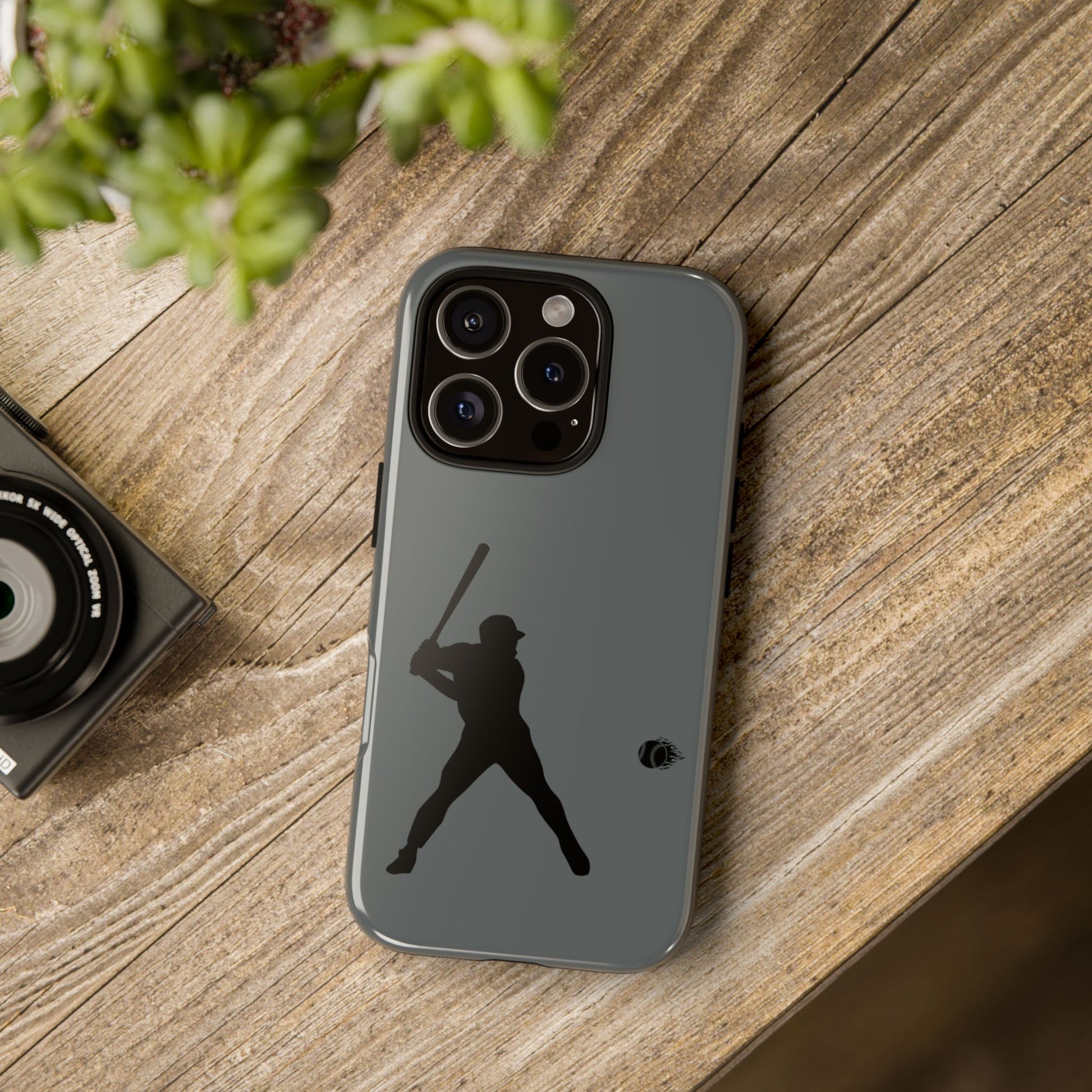 Black baseball silhouette tough phone case for iPhone, protective sporty design with Printify branding visible.