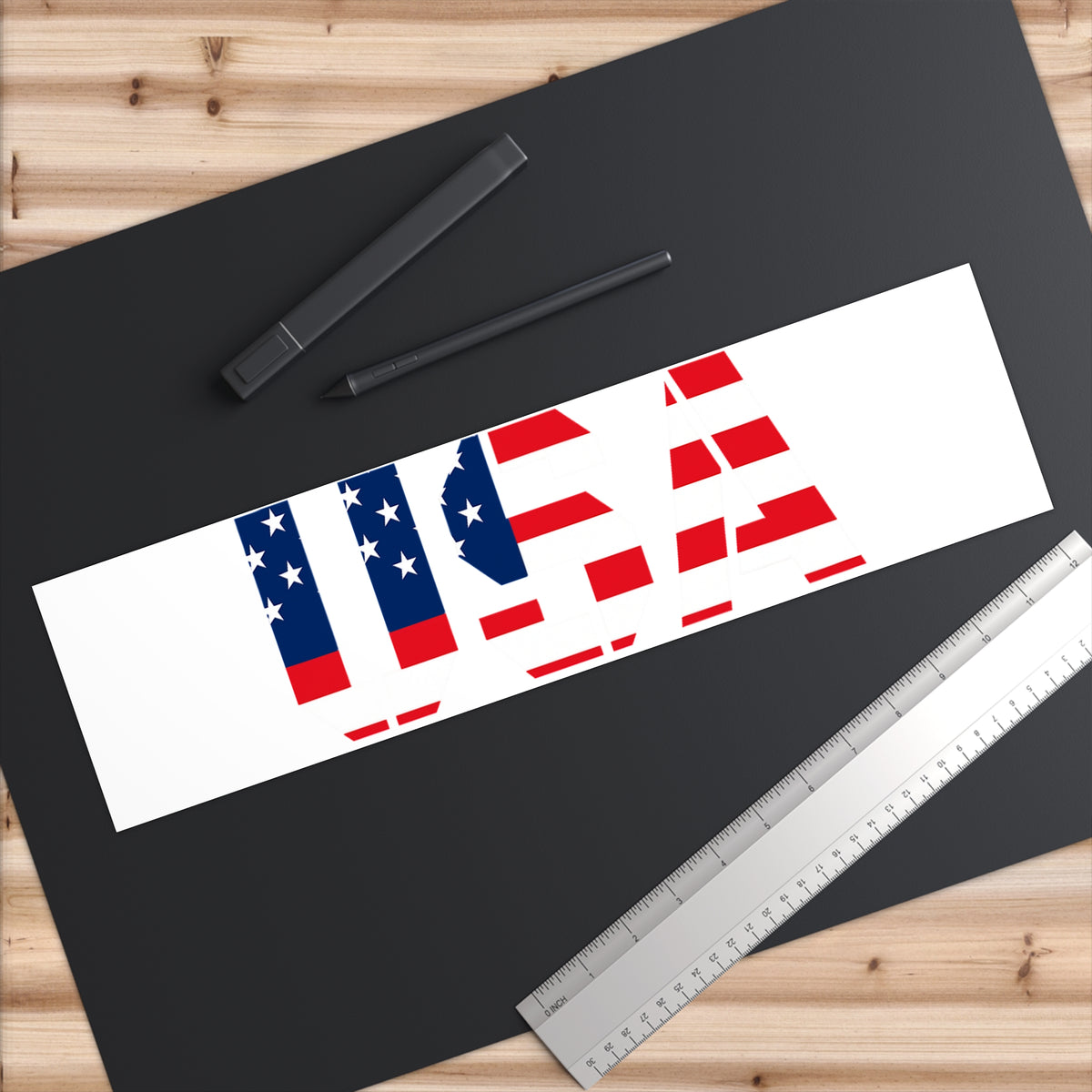 American flag bumper sticker with red, white, and blue patriotic decal on paper product, designed by Printify.