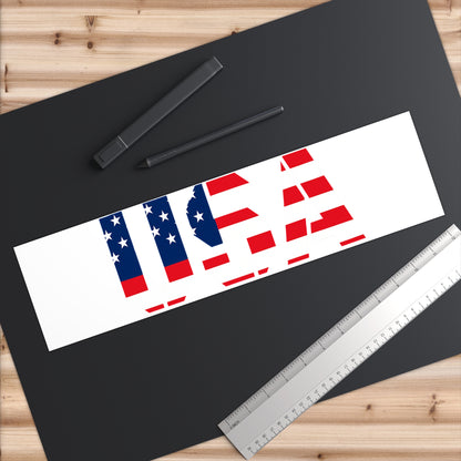 American flag bumper sticker with red, white, and blue patriotic decal on paper product, designed by Printify.