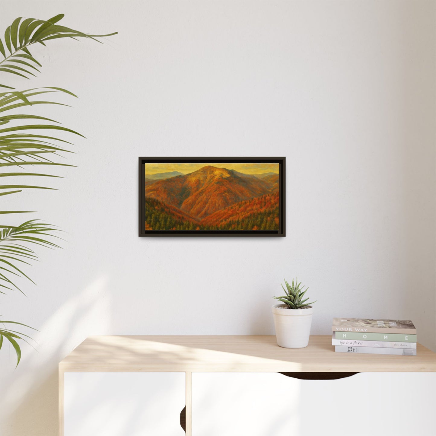 Autumn mountain matte canvas framed wall art by Printify featuring a scenic mountain landscape in warm autumn tones.