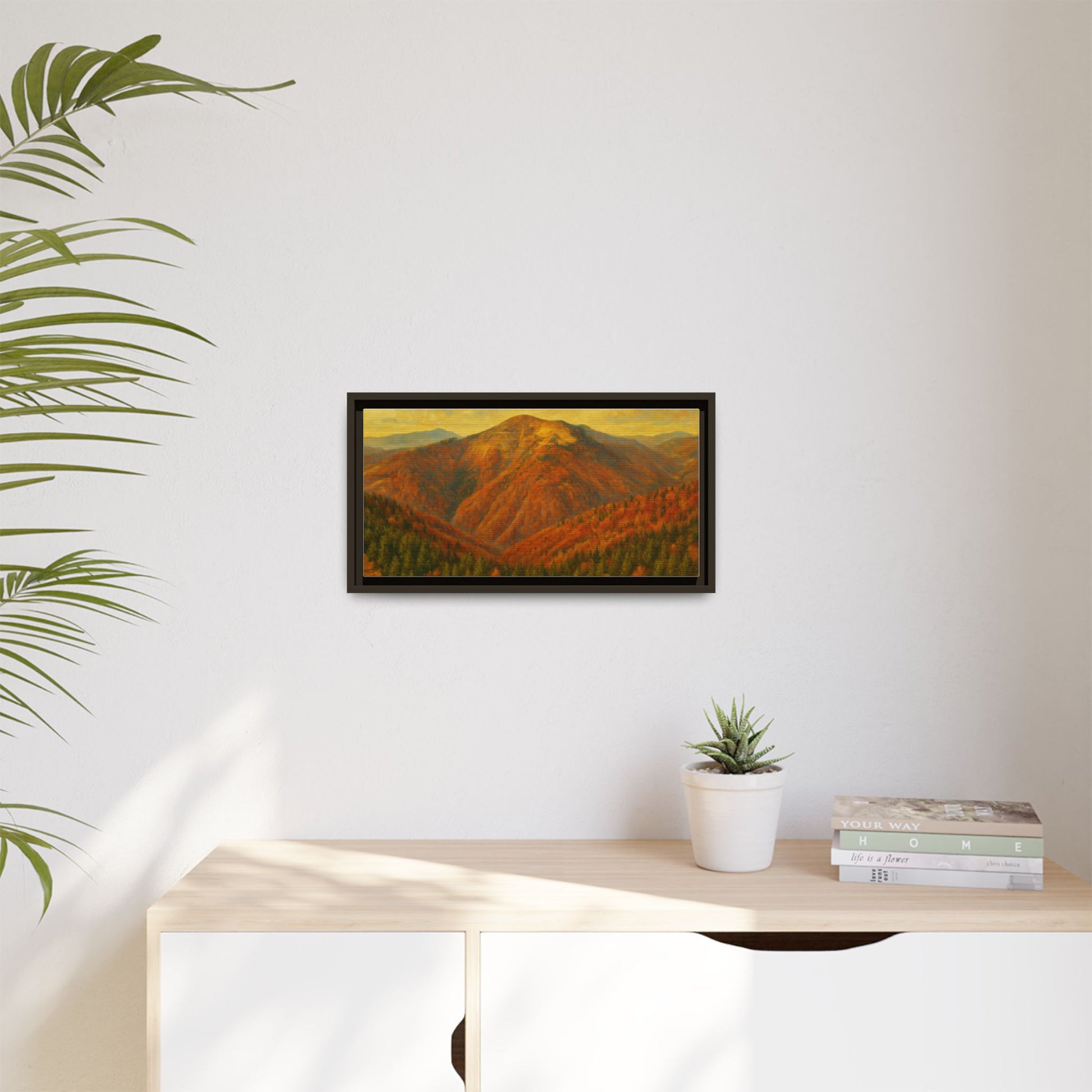 Autumn mountain matte canvas framed wall art by Printify featuring a scenic mountain landscape in warm autumn tones.