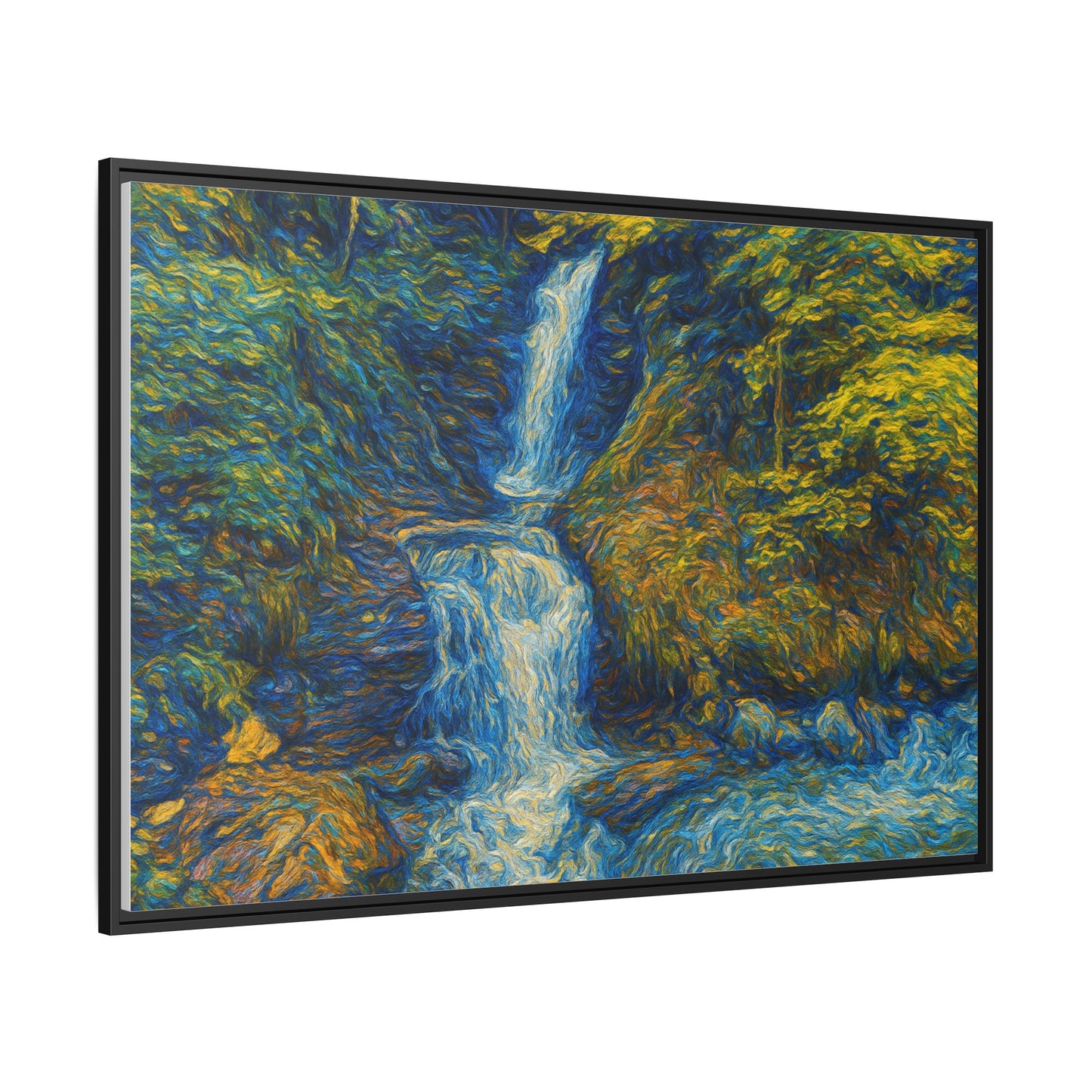 Framed matte canvas print of Impressionist waterfall wall art by Printify, featuring vibrant colors and textured brushstrokes.