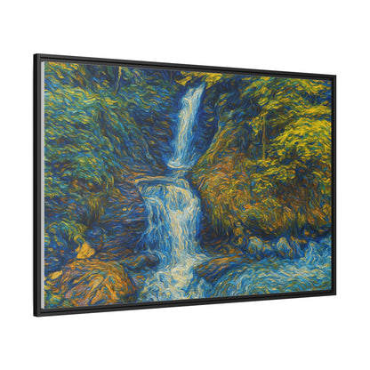 Framed matte canvas print of Impressionist waterfall wall art by Printify, featuring vibrant colors and textured brushstrokes.