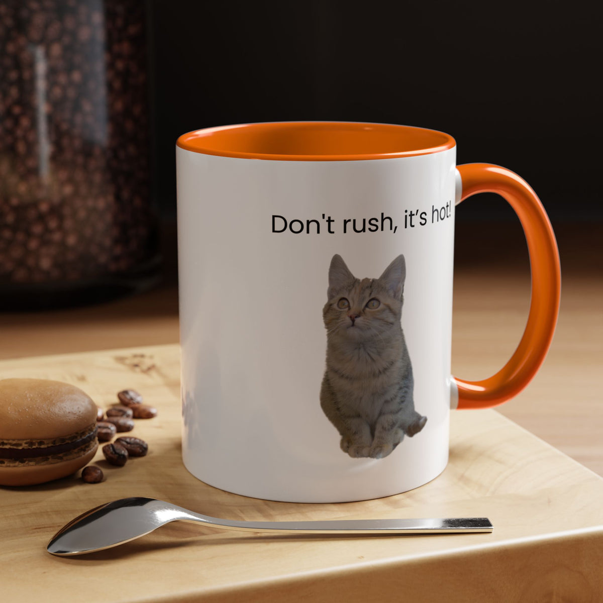 Ceramic cat coffee mug with "Don't rush, it's hot!" message, 11oz size, featuring a playful design and comfortable handle.