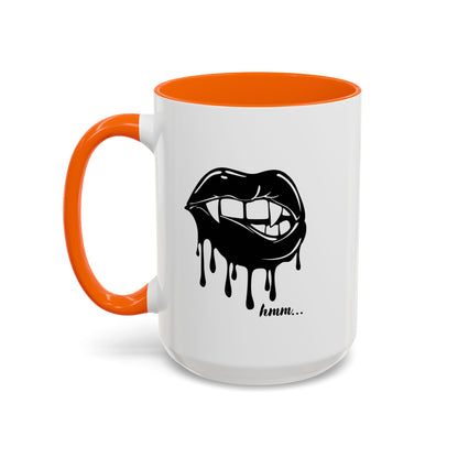 Black Dripping Lips accent coffee mug with bite graphic, available in 11oz and 15oz sizes, designed by Printify.