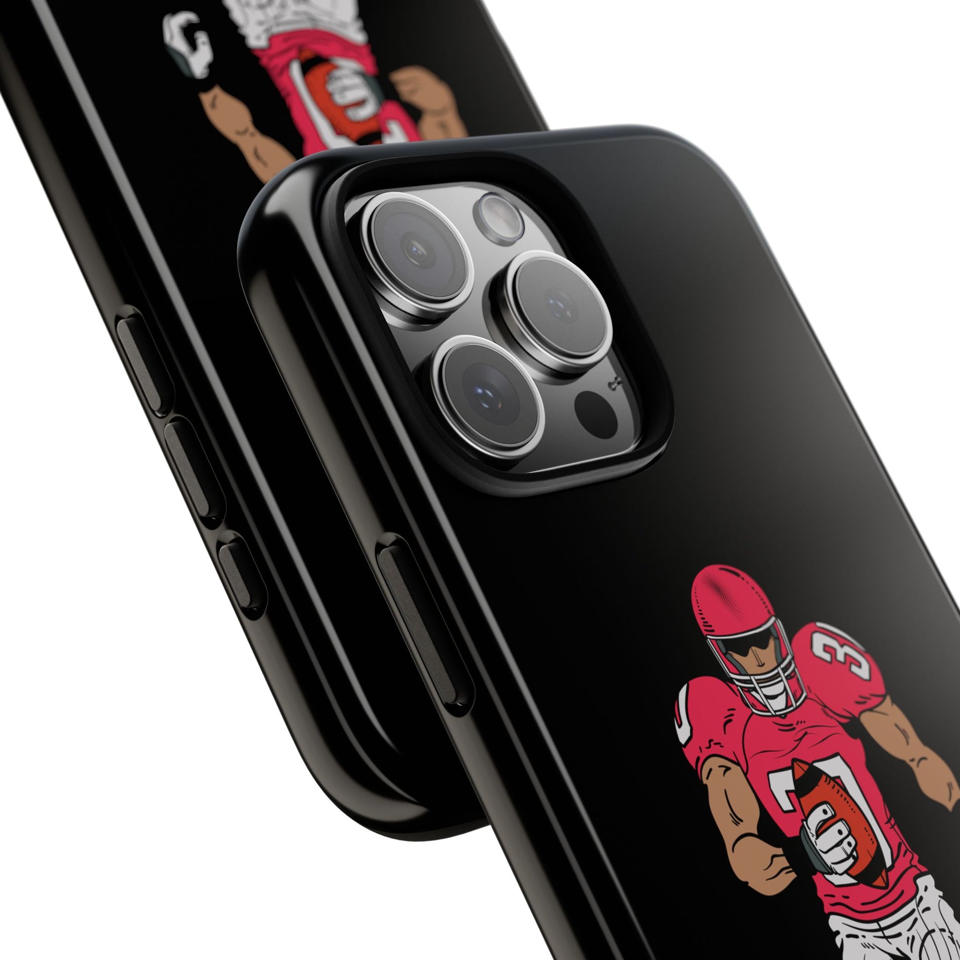 Black football player tough phone case for iPhone, designed for sports protection, by Printify.
