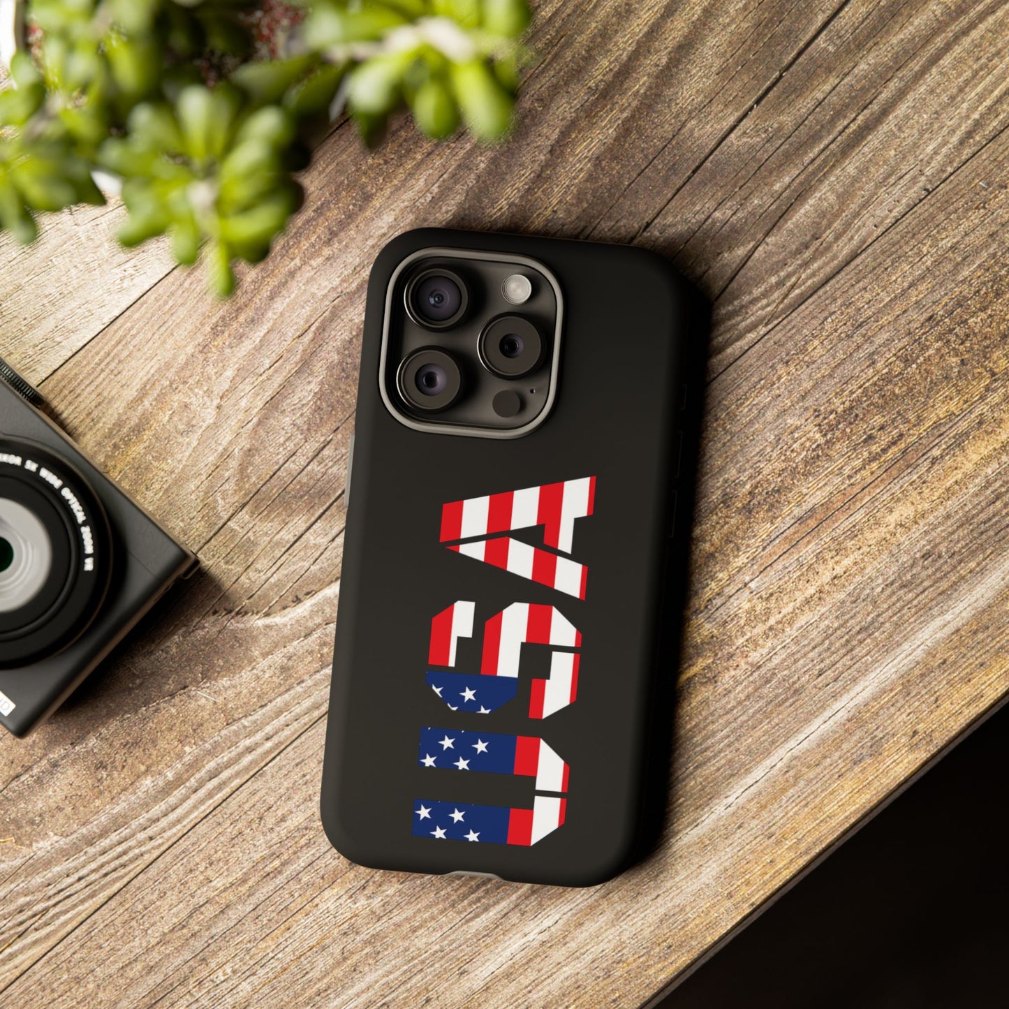 Printify patriotic American flag phone case, tough protective cover for smartphones featuring bold red, white, and blue flag design.
