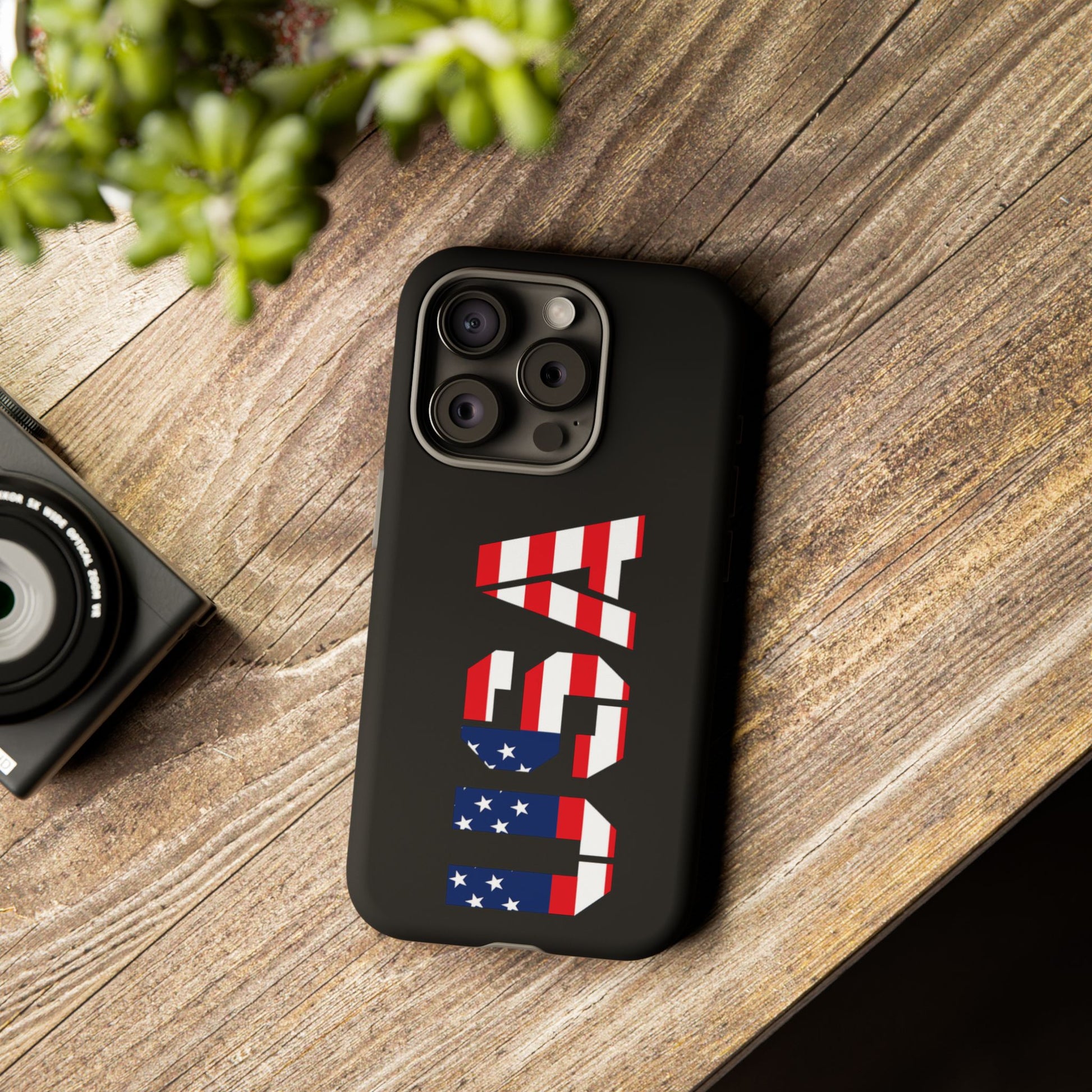 Printify patriotic American flag phone case, tough protective cover for smartphones featuring bold red, white, and blue flag design.