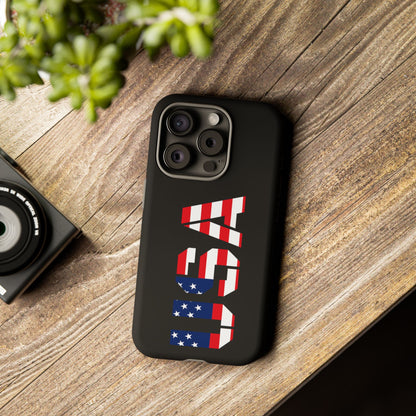 Printify patriotic American flag phone case, tough protective cover for smartphones featuring bold red, white, and blue flag design.