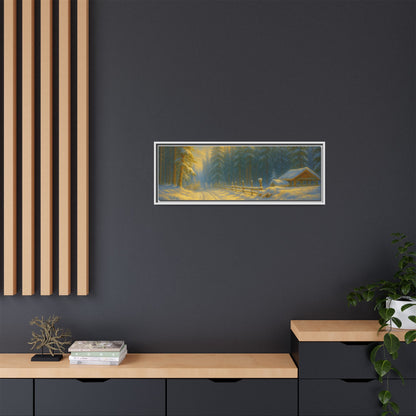 Framed Canvas Print of a snowy forest sunset scene from Printify, featuring a cozy winter cabin in a serene landscape.