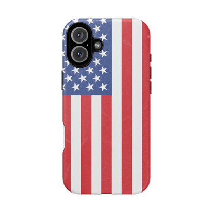 American flag tough phone case for iPhone and Samsung, patriotic protective cover with bold flag design by Printify