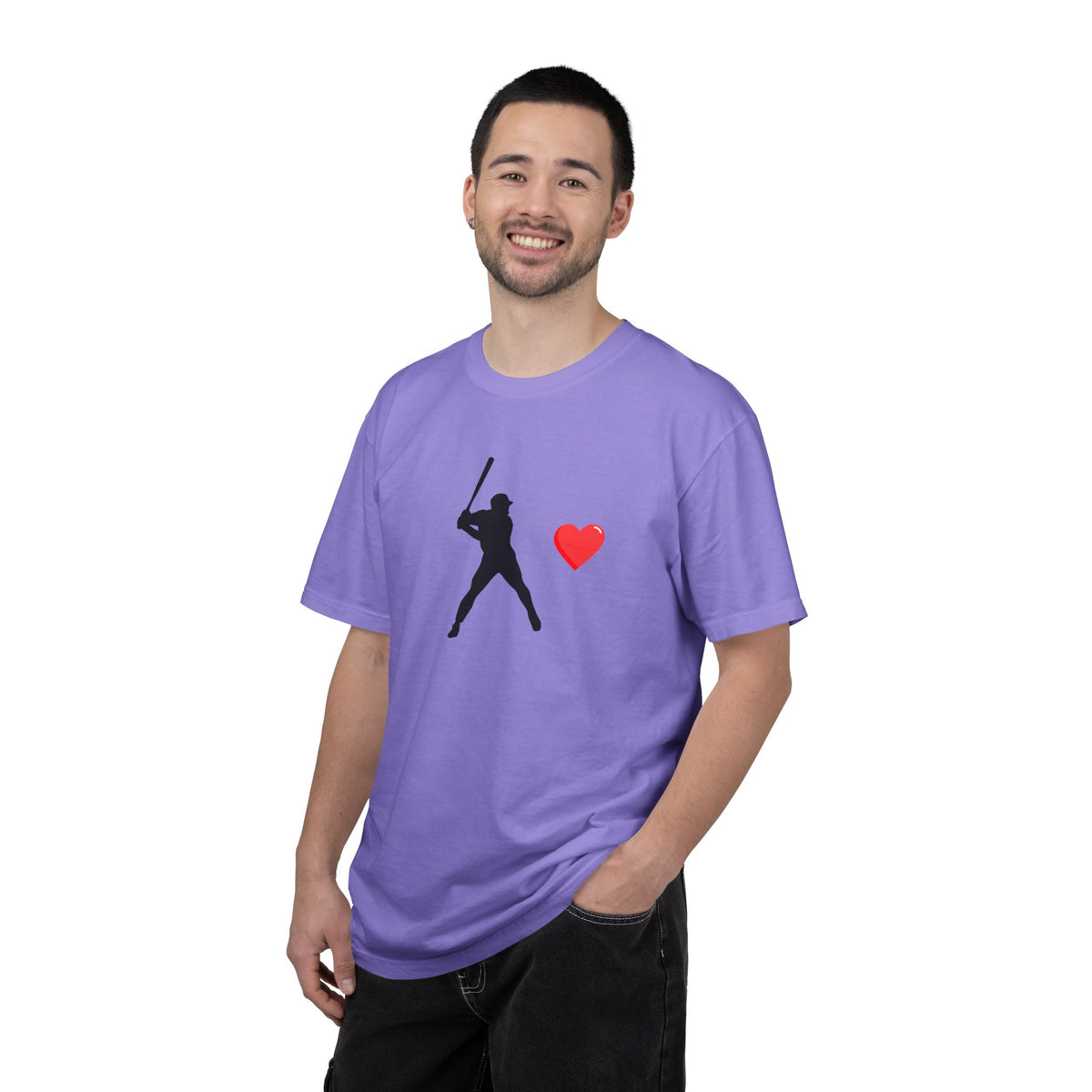 White baseball batter heart T-shirt by Printify featuring a graphic of a batter with a heart-shaped bat on the front.