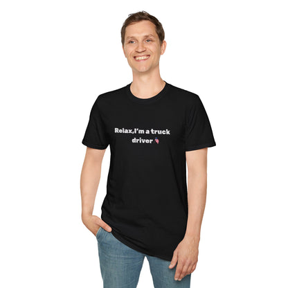 Funny pink heart truck driver T-shirt from Printify, featuring humorous text and casual fit for truckers and truck driving fans.