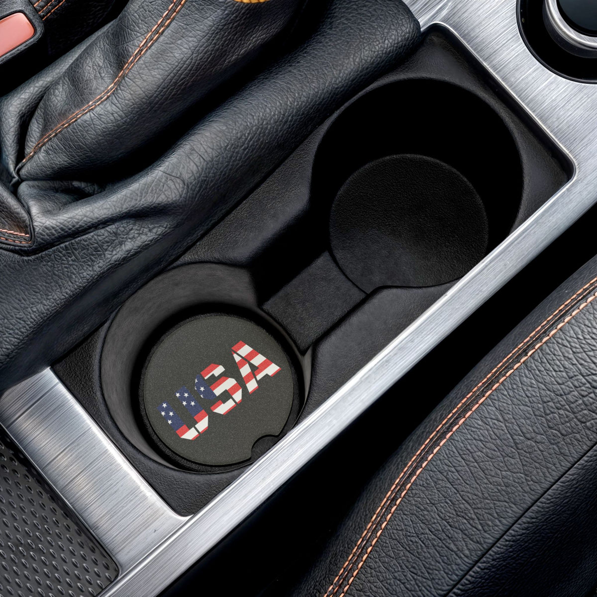 USA flag soapstone car coaster with patriotic design, drink holder for cars, made by Printify, showcasing the flag pattern and soapstone material.