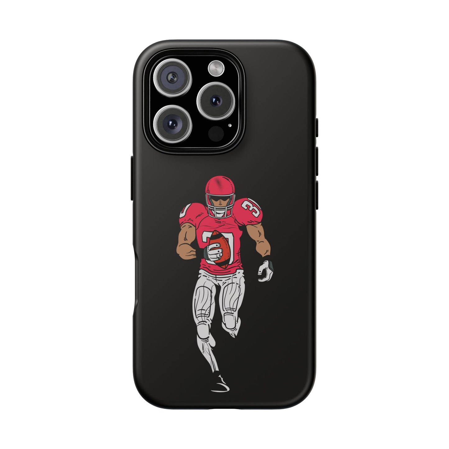 Black football player tough phone case designed for iPhone, offering protective sports-themed cover by Printify.