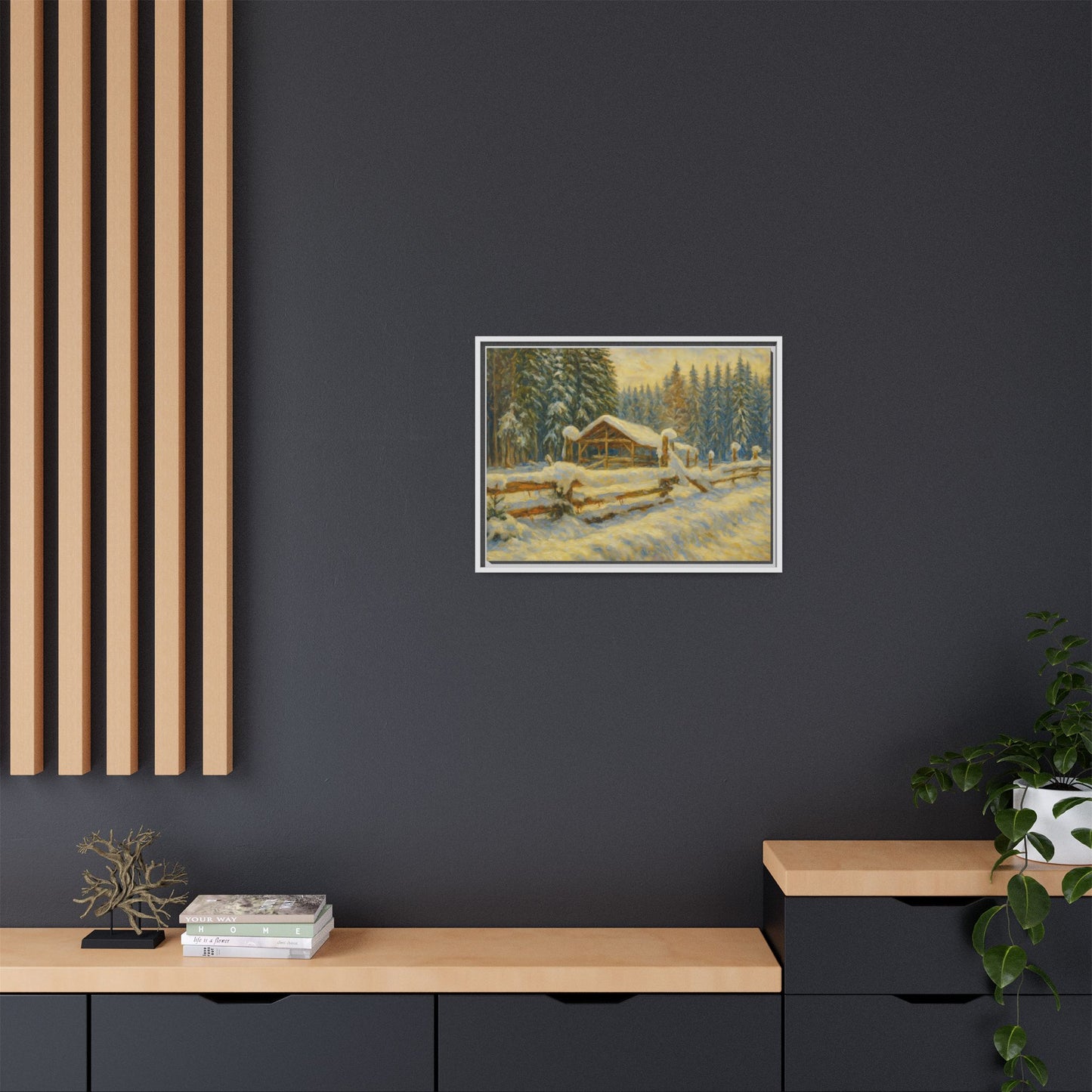 Snowy cabin winter landscape canvas wall art by Printify featuring a matte framed snowy mountain scene with a cozy cabin.