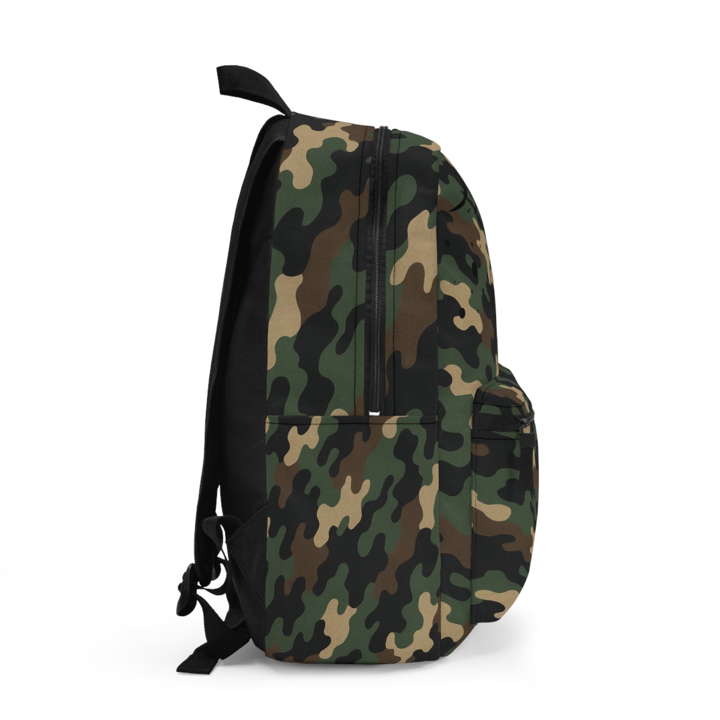 Printify camo backpack with multiple compartments, rugged design, ideal for school, hiking, and travel outdoor adventures