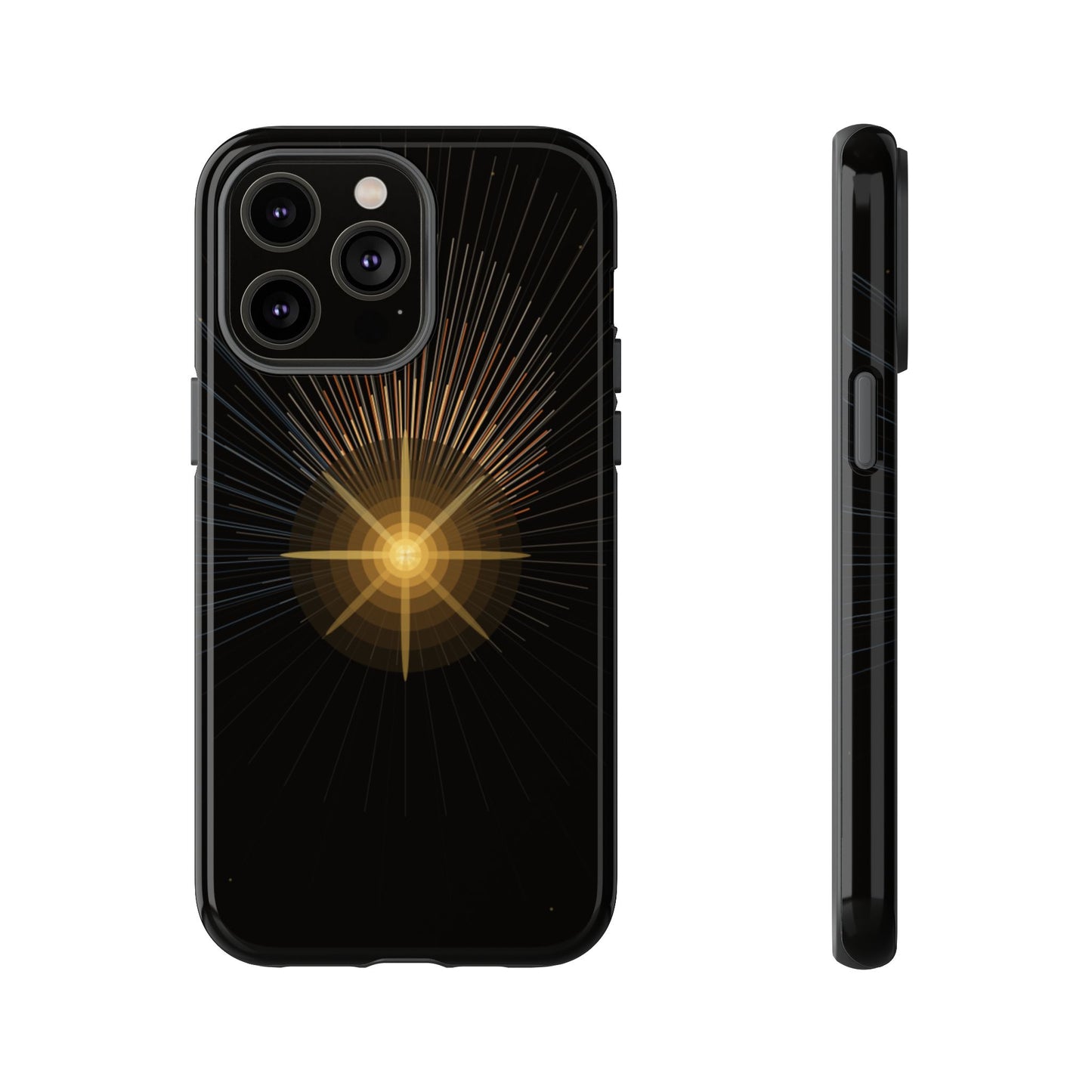 Tough Cases - Radiant Star Phone Case, Protective Black Shockproof Cover with Golden Light Design