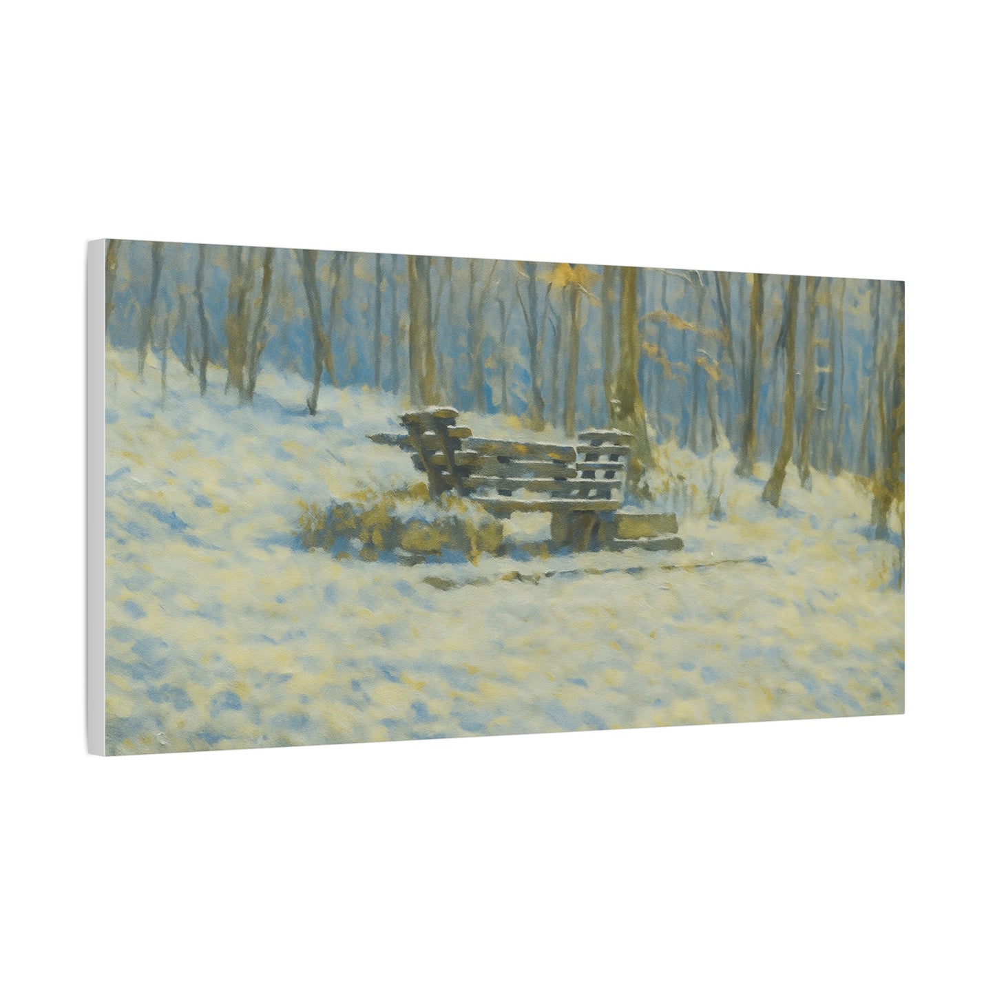 Snowy park bench matte canvas print featuring winter woodland scene, stretched 1.25 inch, by Printify.