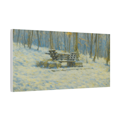Snowy park bench matte canvas print featuring winter woodland scene, stretched 1.25 inch, by Printify.