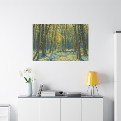 Winter woodland forest sunlight canvas print, matte stretched art by Printify showcasing a serene forest scene.