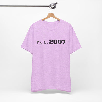 Vintage black T-shirt with "Est. 2007" printed in white, casual unisex T-shirt by Printify with retro style design.