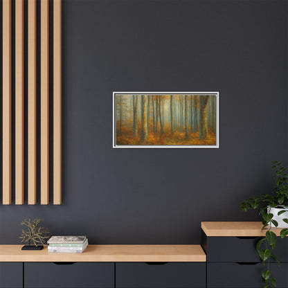 Framed canvas print of misty autumn woodland scene, wall art featuring colorful trees and forest landscape by Printify