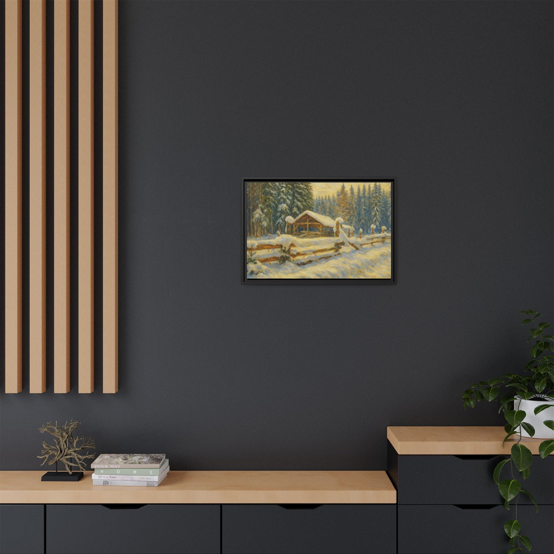 Snowy cabin matte canvas wall art featuring a winter landscape painting by Printify, perfect for cozy seasonal home decor.