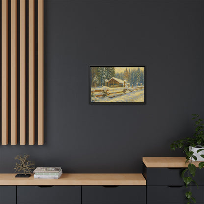 Snowy cabin matte canvas wall art featuring a winter landscape painting by Printify, perfect for cozy seasonal home decor.