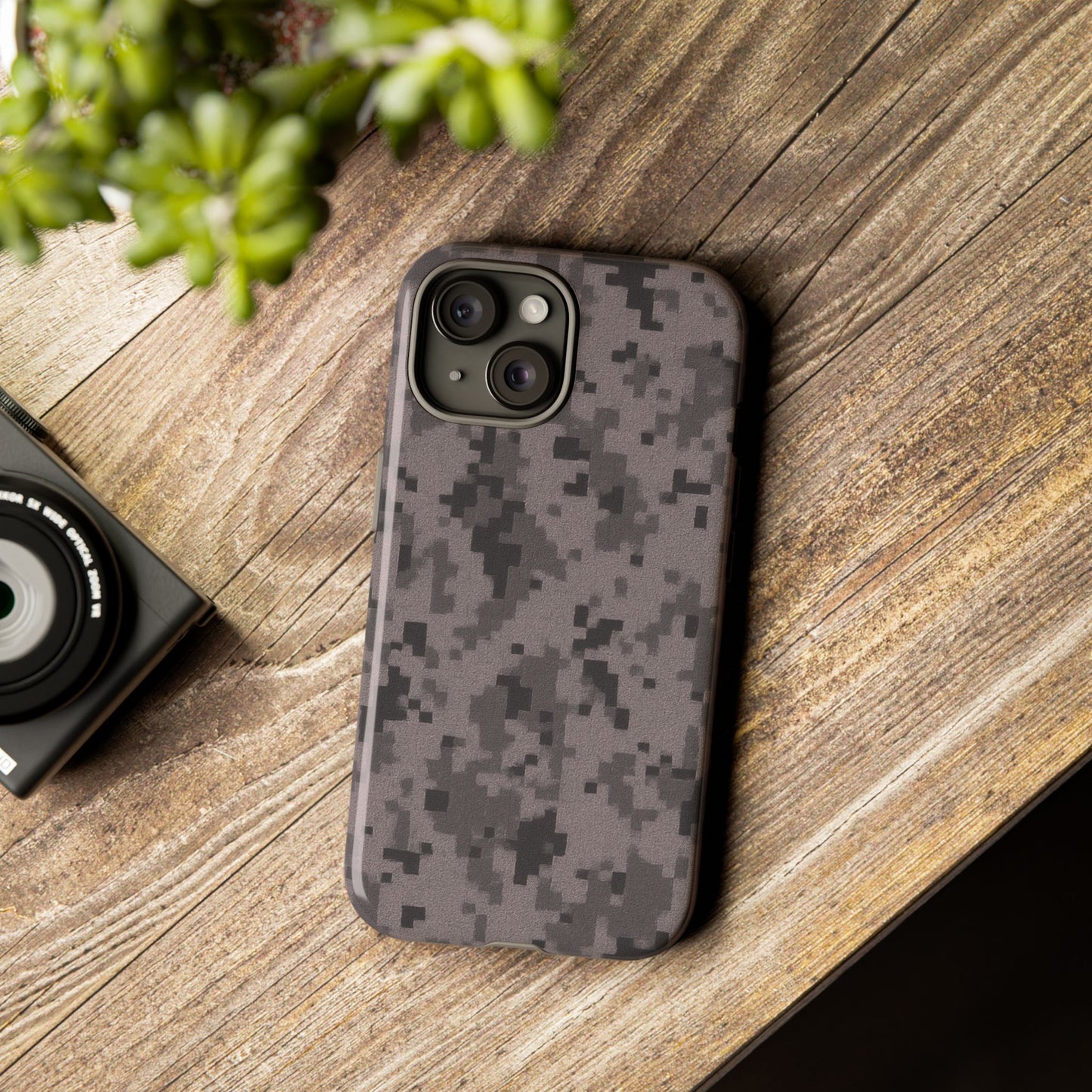 Gray digital camouflage phone case by Printify, tough protective cover for smartphones with rugged camo design.