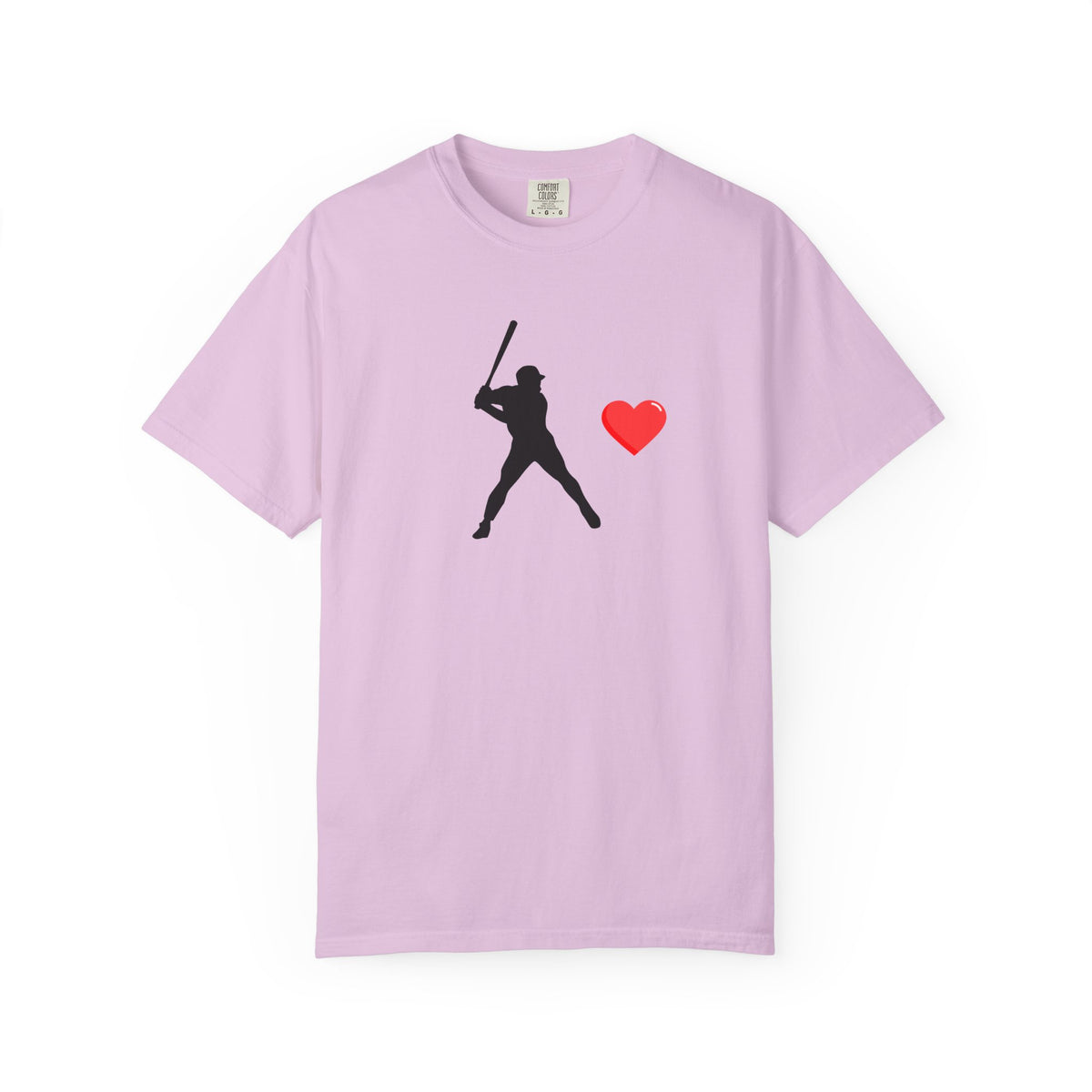White baseball batter heart T-shirt by Printify featuring a graphic of a batter swinging a bat on the front.