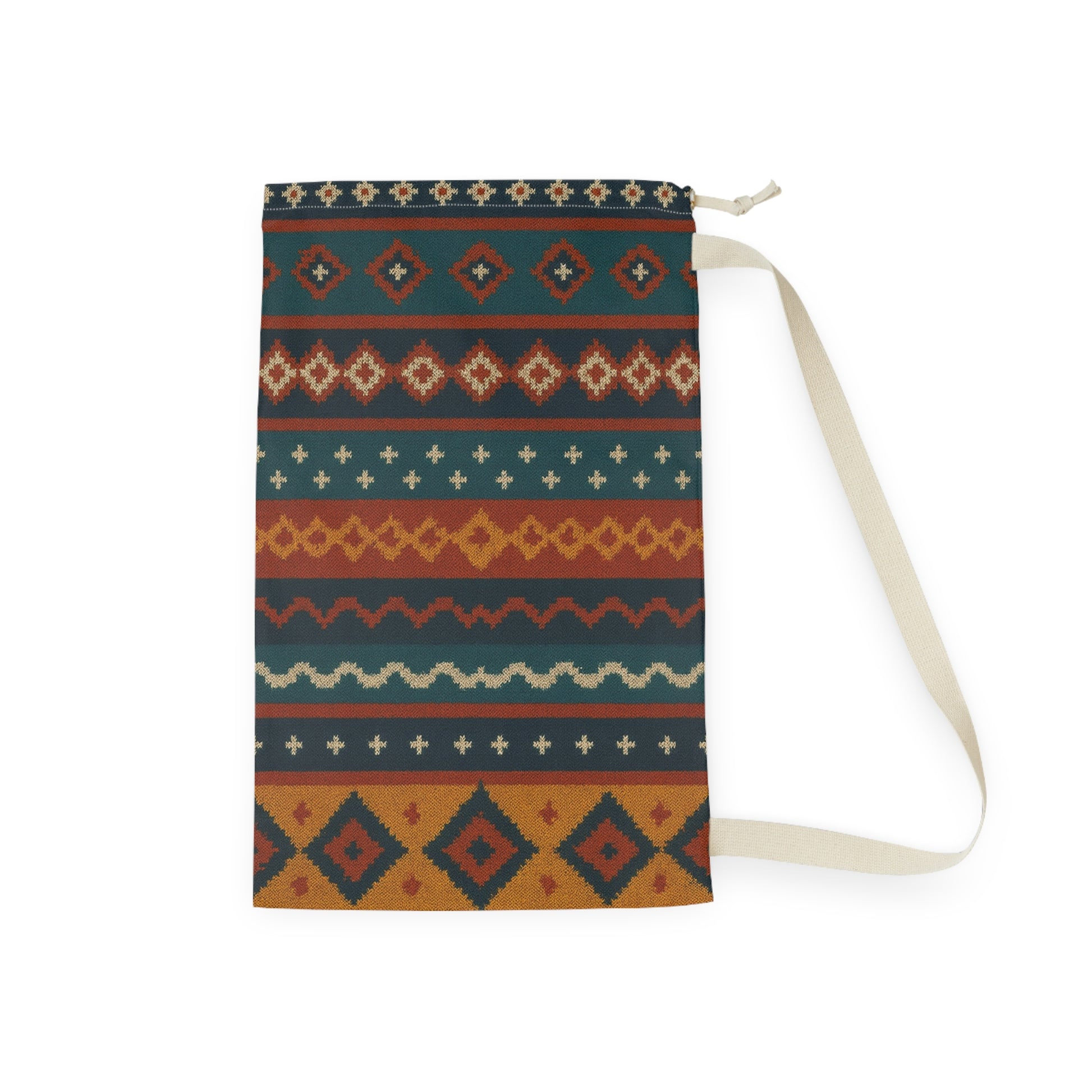 Southwestern Aztec pattern laundry bag by Printify with boho geometric design and drawstring closure for easy carrying.