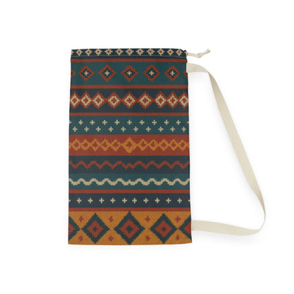 Southwestern Aztec pattern laundry bag by Printify with boho geometric design and drawstring closure for easy carrying.