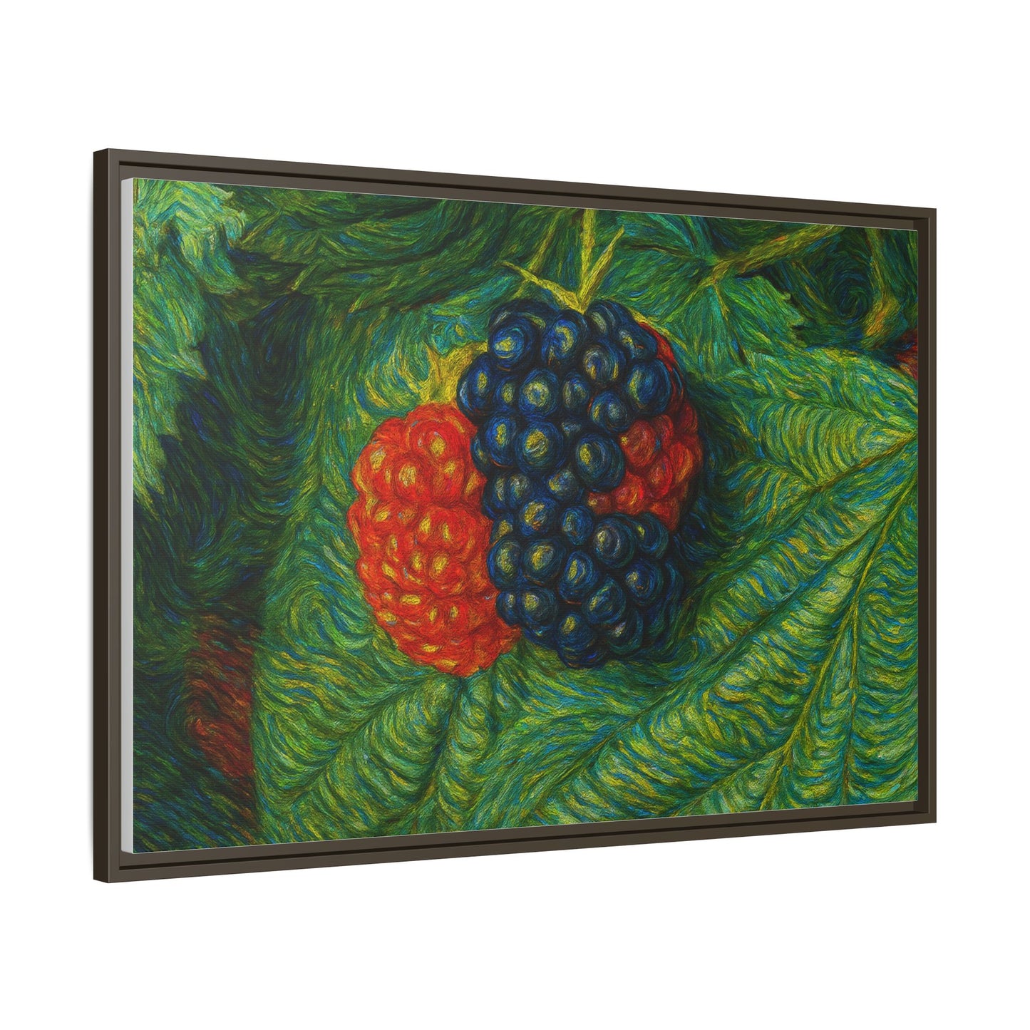 Blackberry still life canvas print by Printify, framed wall art showcasing realistic blackberries on a textured canvas background.