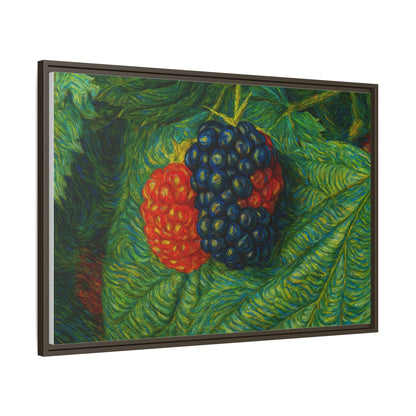 Blackberry still life canvas print by Printify, framed wall art showcasing realistic blackberries on a textured canvas background.